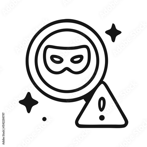 Magnifying glass reveals masked figure, warning of hidden danger.