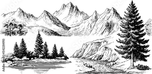Mountain ridge silhouette with alpine fir trees for nature and landscape design