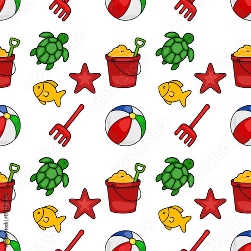 Seamless vector pattern featuring playful beach toys: beach balls, turtles, starfish, buckets, and fish, creating a vibrant summer vibe.