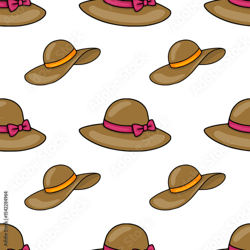 Seamless vector pattern of stylish brown womens hats with pink and orange ribbons, illustrating a cheerful summer fashion concept.