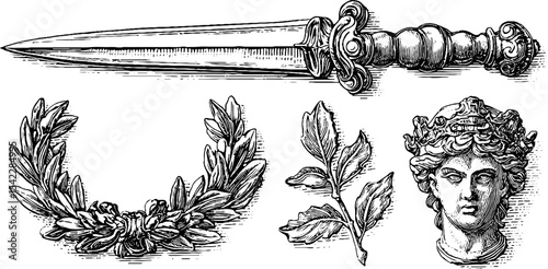 Antique mughal jade dagger hilt and baroque jewel design elements for historical art projects