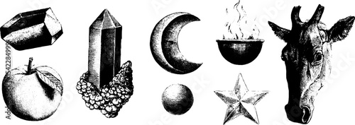 Mystic symbols collection featuring crystal, moon, apple, fire, and animal head for spiritual design