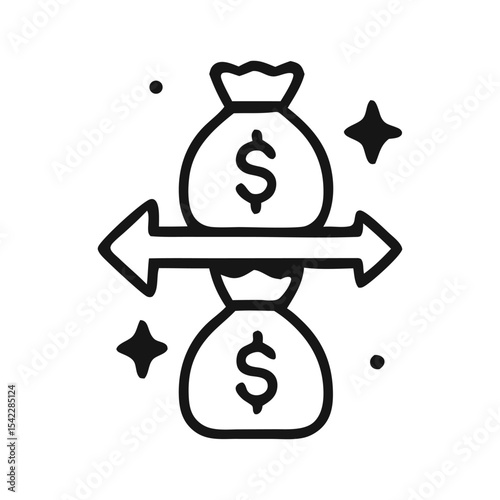 Two money bags with dollar signs exchanging value through arrows.