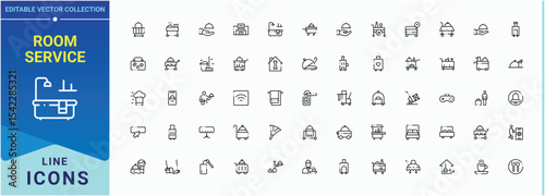 Room Service icon set. Contain linear sign building, care, hotel service, room, service and more. Hospitality icon set in linear style. Isolated icons. Pixel perfect. Editable vector.