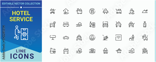 Hotel Service icon set. Containing apartment, room, care and more. Room Service simple icon set. Collection of simple line web icons. Pixel perfect. Editable stroke.