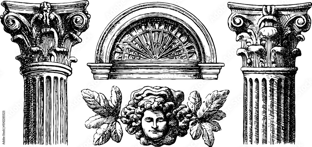 Fototapeta premium Neoclassical columns and art nouveau elements for architectural design projects