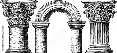 Neoclassical and art nouveau architectural columns and arch design for artistic projects