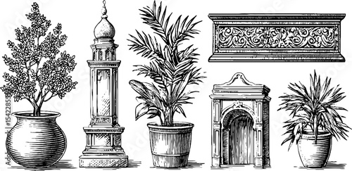 Neoclassical frieze and islamic minaret with ornamental plants for architectural design