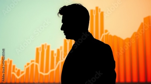 Silhouette of a man in suit against a backdrop of dynamic orange vertical lines, financial chart