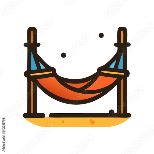 Illustration of a vibrant orange hammock suspended between two wooden posts.