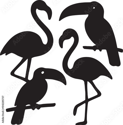 Silhouette vector of toucans and flamingos in tropical style, perfect for exotic bird and jungle-themed designs.