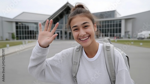 Smiling traveler waving outside modern airport facility