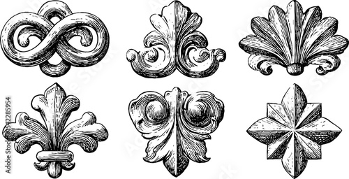 Elegant vintage decorative carvings with twisted helix and floral patterns for artistic design