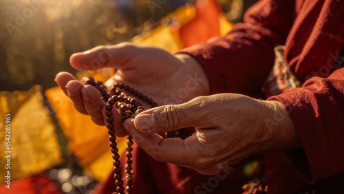 A monk holding prayer beads in hands with a red robe and colorful prayer flags in the background