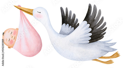 Watercolor stork carrying newborn baby girl on transparent background.