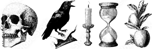 Vintage occult symbol collection with skull, hourglass, candle, crow, and apple