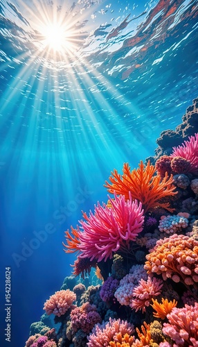 Vibrant coral reef with sunlight rays filtering through crystal clear ocean water