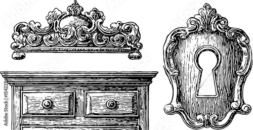 Ornate mantel trim and baroque wardrobe design elements for decor and craft