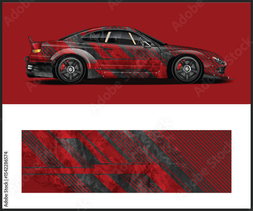 Red and Black Grunge Stripes Race Car Wrap Design