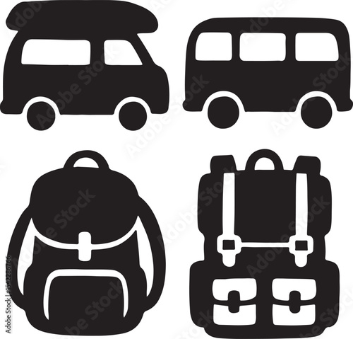 Silhouette vector of travel vans and backpacks, ideal for adventure, road trip, and outdoor exploration designs.