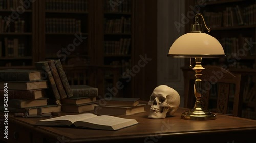 Skull and Books on Table in Dimly Lit Library
