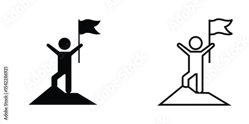 Icon representing achievement with a figure planting a flag on a mountain peak, conveying triumph and success
