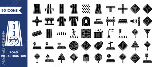 Road infrastructure icon set. Vector solid icons collection. Vector illustration