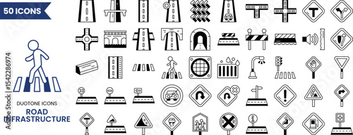Road infrastructure icon set in duotone style. Vector illustration