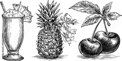 Tropical drink and fruit set featuring pina colada in tall glass, pineapple, and cherries