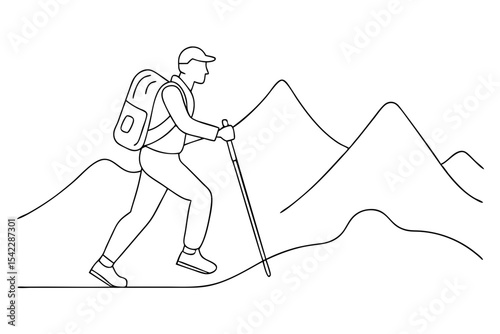 hiker with trekking pole and backpack line drawing