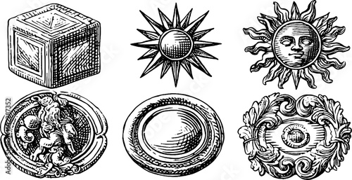 Vintage decorative set with sunwheel, pixel square, and classic ornamental designs for art projects