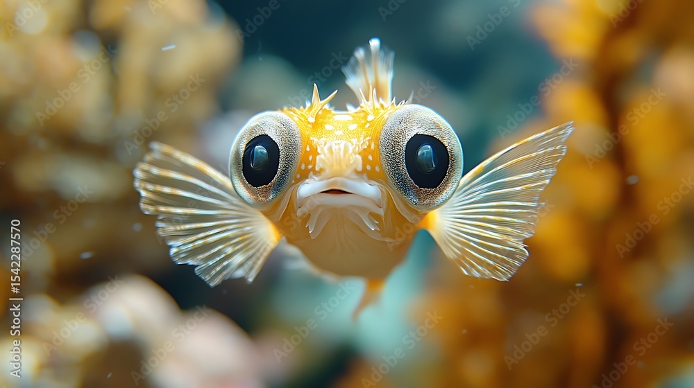 Obraz premium Cute little yellow fish with big eyes swimming in clear water close up photo