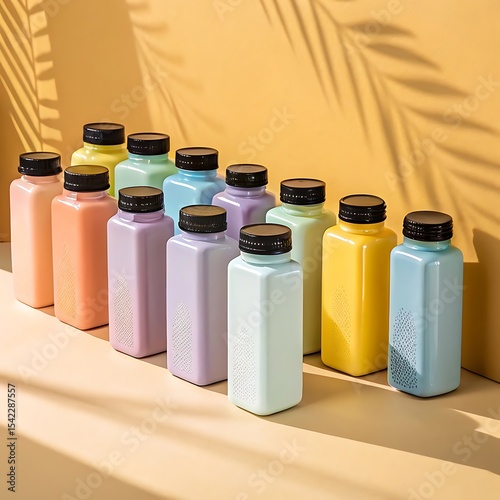 Pastel colored bottles with black lids on beige background