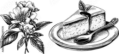 Poppyseed lavender cake slice with botanical floral illustration for elegant dining decor