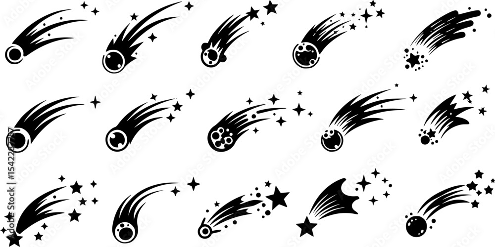 Shooting stars icon vector set. Comet tail or star trail illustration sign collection.
