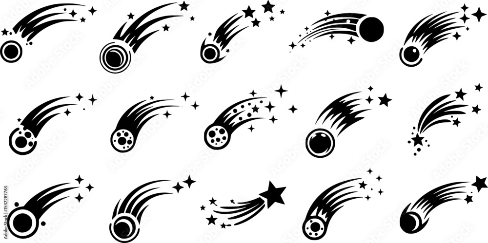 Shooting stars icon vector set. Comet tail or star trail illustration sign collection.
