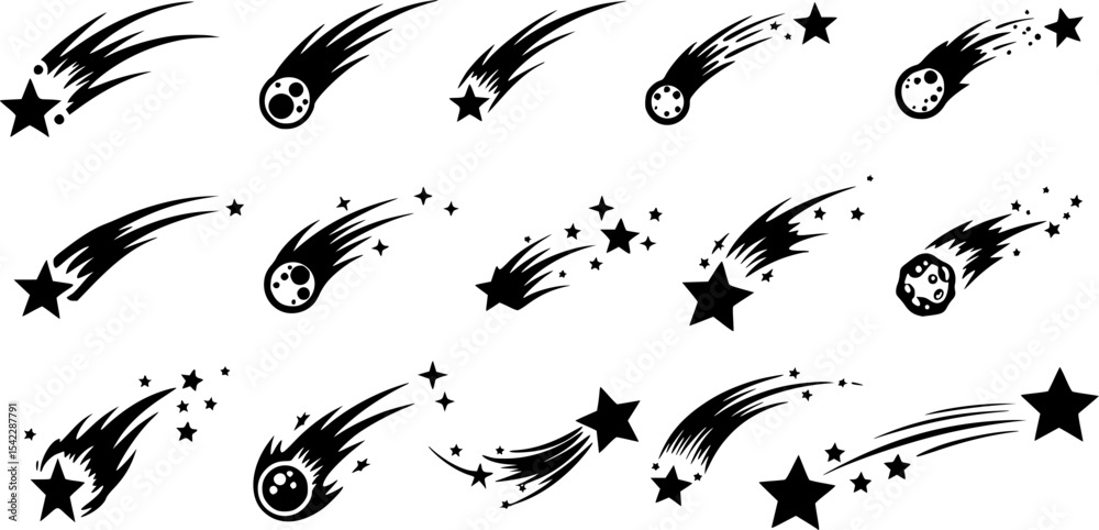 Shooting stars icon vector set. Comet tail or star trail illustration sign collection.
