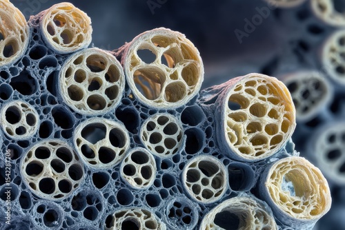 Cluster of hollow cylindrical structures with varied pore sizes, appearing like multiple tubes with intricate internal patterns in a close-up view resembling a microscopic image
