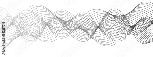 Abstract modern background with black and white wavy lines dynamic, symmetrical, and continuous waveform pattern. Smooth flowing effect that resembles oscillating waves or frequency and motion.