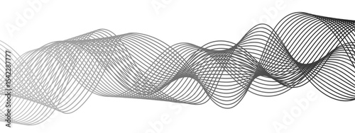 Abstract modern background with black and white wavy lines dynamic, symmetrical, and continuous waveform pattern. Smooth flowing effect that resembles oscillating waves or frequency and motion.