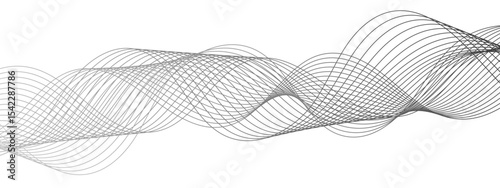 Abstract modern background with black and white wavy lines dynamic, symmetrical, and continuous waveform pattern. Smooth flowing effect that resembles oscillating waves or frequency and motion.