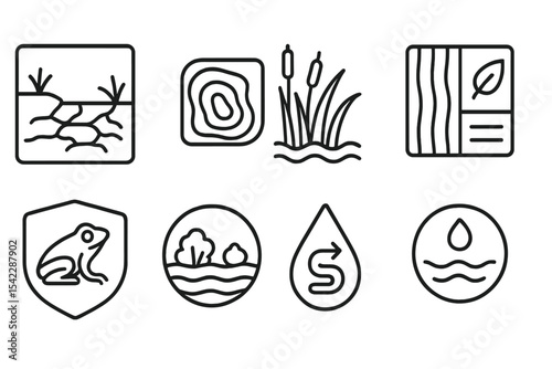 Ecosystem Regeneration Icons. Line style icons of ecosystem regeneration: degraded wetland icon, marshland contour chart, reed bed