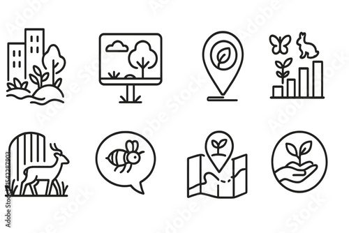 Ecosystem Regeneration Icons. Line style icons of ecosystem regeneration: urban nature regeneration icon, pocket park panel, green