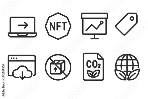 Ethical Digital Consumption. Line style icons of ethical consumption: digital product purchase icon, NFT ownership badge, virtual