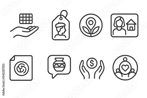 Ethical Consumption Icons. Line style icons of ethical consumption: handmade product icon, artisan badge tag, craft origin chart,