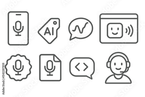 Mobile Banking Icons. Line style icons of mobile banking solutions: voice banking icon, AI assistant tag, voice command chart,
