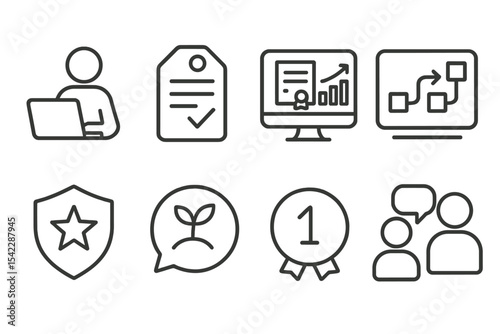 Digital Inclusion Icons. Line style icons of digital inclusion: tech training program icon, curriculum tag, certification chart,