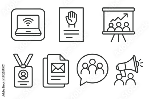 Digital Inclusion Icons. Line style icons of digital inclusion: tech access campaign icon, awareness flyer tag, community event