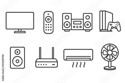 Home Electronics Icons. Line style icons of home electronics: TV, remote control, stereo, game console. speaker, router, air