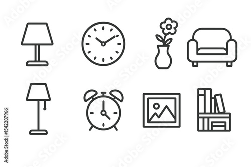 Home Essentials Icons. Line style icons of home essentials: table lamp, wall clock, flower vase, sofa. floor lamp, alarm clock,